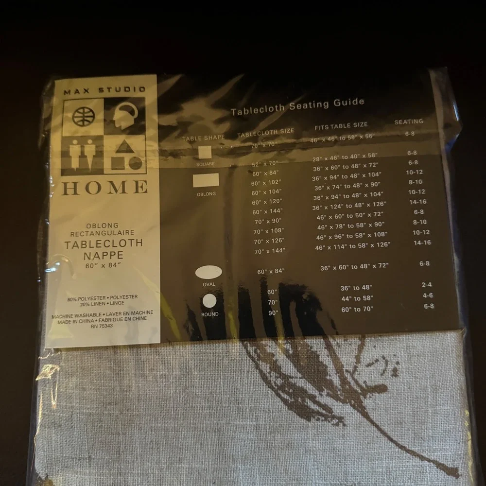 Max Studio Home Tablecloth 60x84 Oblong Linen Blend Brown Leaf Print Neutral NEW